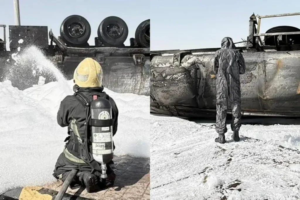 റിയാദില് അപകടത്തില് പെട്ട പെട്രോള് ടാങ്കറും മൂന്നു വാഹനങ്ങളും കത്തിനശിച്ചു