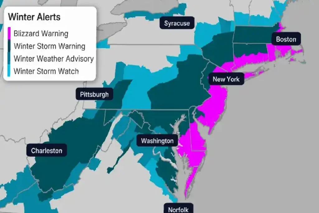 അമേരിക്കയുടെ കിഴക്കൻ തീരത്ത് അതിശക്തമായ മഞ്ഞുവീഴ്ച; ന്യൂയോർക്കിലും ബോസ്റ്റണിലും ‘ബ്ലിസാർഡ്’ മുന്നറിയിപ്പ്